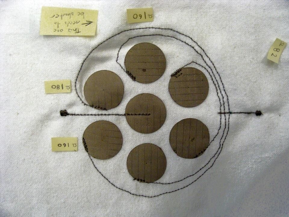 The first working tilt sensor prototypes were made of copper
fabric, conductive thread and beads. The first working tilt sensor prototypes were made of copper
fabric, conductive thread and beads.