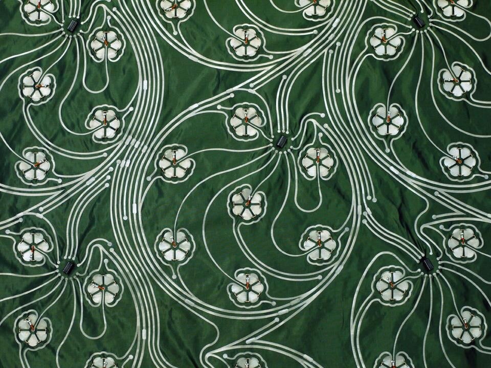 The flowers are grouped together into 14
larger configurations or clusters and 2 half
clusters. Working as a directional marker,
the tassel’s contact with a petal registers a
specific orientation or tilt of the blanket The flowers are grouped together into 14
larger configurations or clusters and 2 half
clusters. Working as a directional marker,
the tassel’s contact with a petal registers a
specific orientation or tilt of the blanket