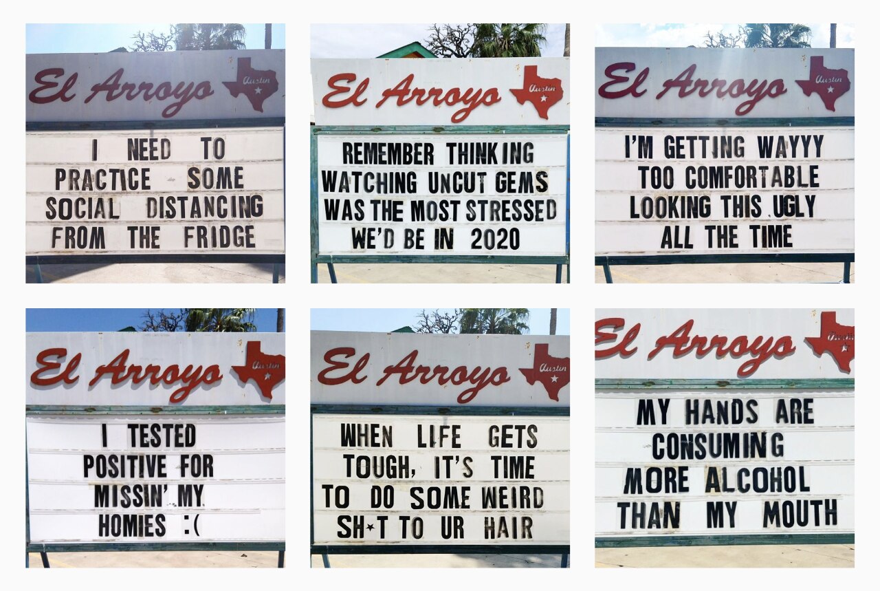 Irreverence against Covid on the signboards of a tex-mex restaurant in Austin