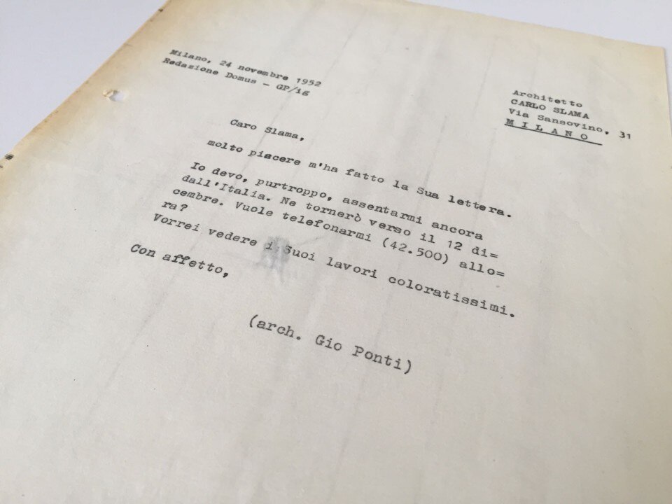 Dall'archivio, Gio Ponti, scambio di corrispondenza tra Gio Ponti e l'architetto Carlo Slama, 1952 Dall'archivio, Gio Ponti, scambio di corrispondenza tra Gio Ponti e l'architetto Carlo Slama, 1952
